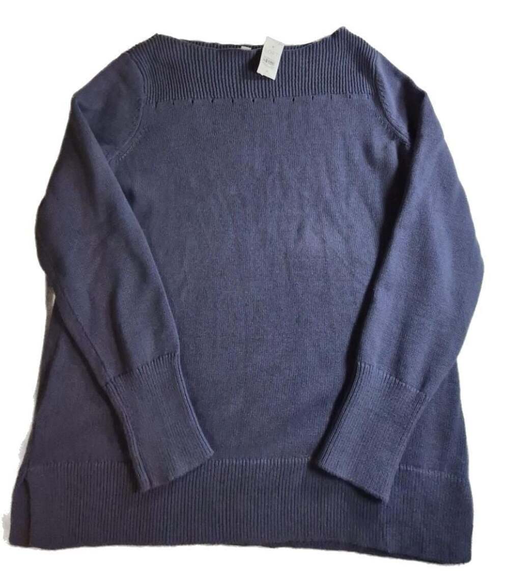 LOFT Blue Long Sleeve Ribbed Trim Crew Neck Pullover Sweater
